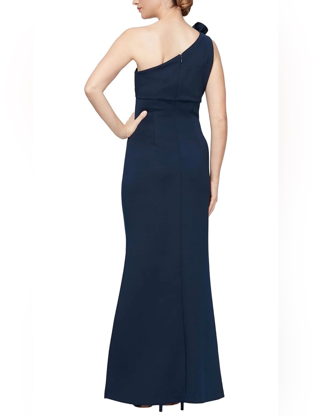 S.L. Fashions Women's Long Length Scuba One Shoulder Gown W/Flower Detail - Picture 2 of 8